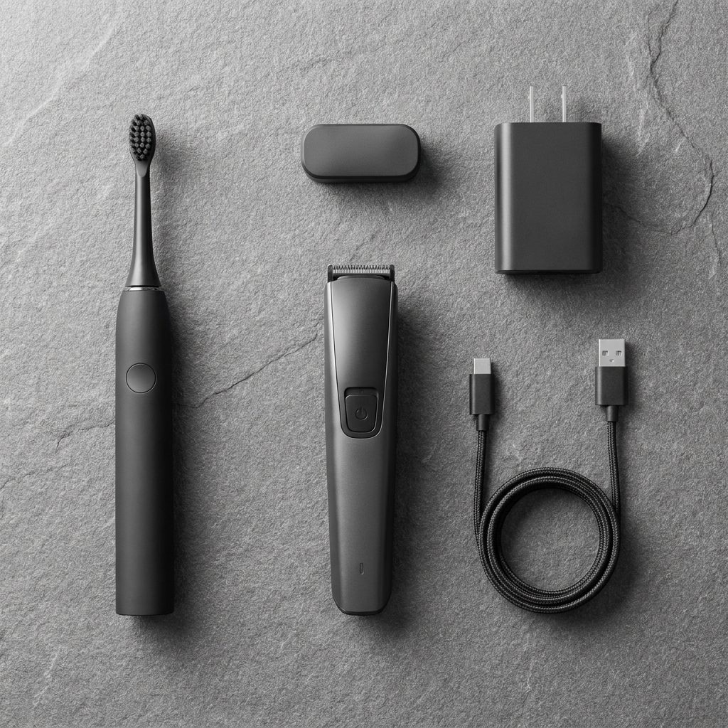 Minimalist tech grooming kit with trimmer and charger
